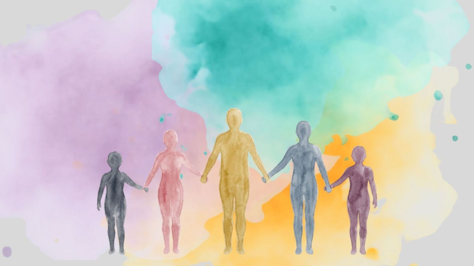 Fünf gemalte Figuren in verschiedenen Größen und Farben halten sich an den Händen. Sie stehen vor einem Aquarellhintergrund in Lila, Türkis und Orange.